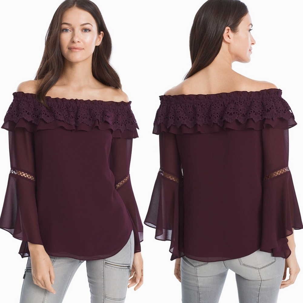 🆕️White House Black Market Off-The-Shoulder Crochet Trim Blouse Top SZ Medium